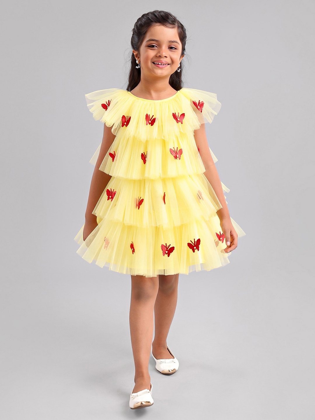 

Enfance Girls Self Design Cape Sleeve Gathered or Pleated Net A-Line Dress, Yellow