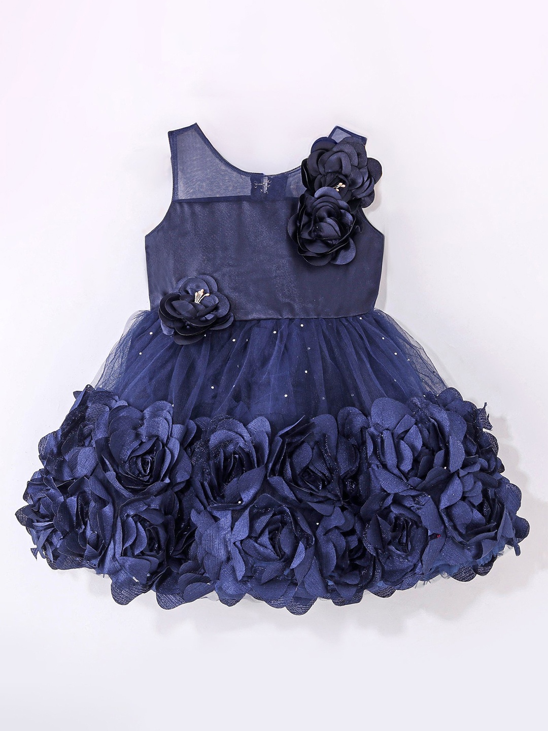 

Enfance Infant Girls Sleeveless Net Floral Floral Applique Stone Detail Fit & Flare Dress, Navy blue