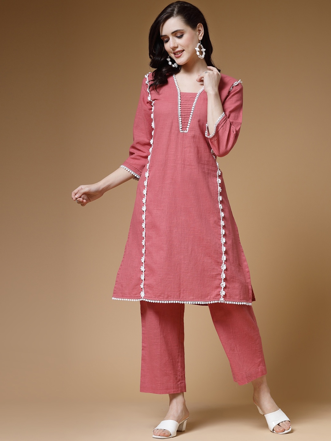

Indibelle Lace Work Straight Cotton Kurta, Peach