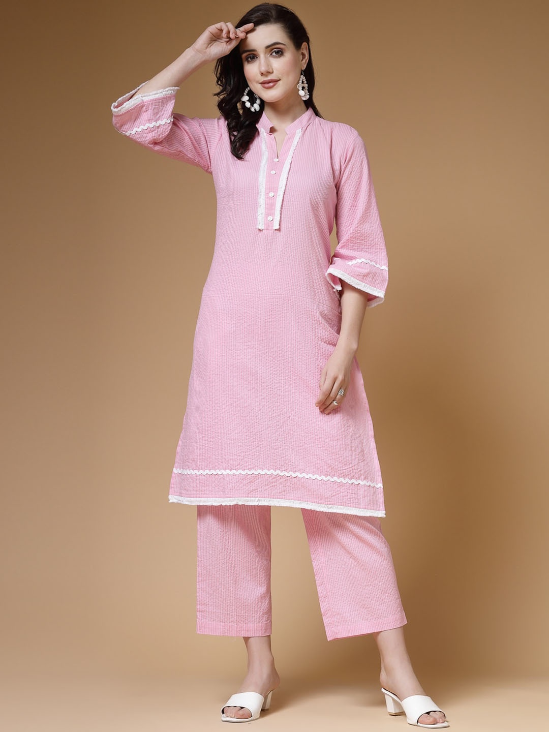 

Indibelle Striped Thread Work Kantha Cotton A-Line Kurta, Pink