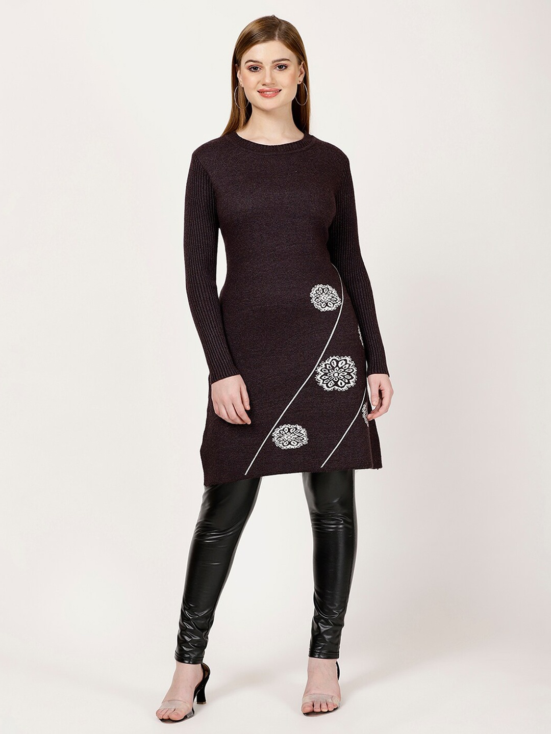 

FUTURO Ethnic Motif Printed Longline Pullover, Burgundy