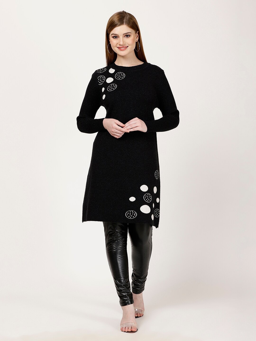 

FUTURO Geometric Printed Round Neck Longline Pullover Sweater, Black