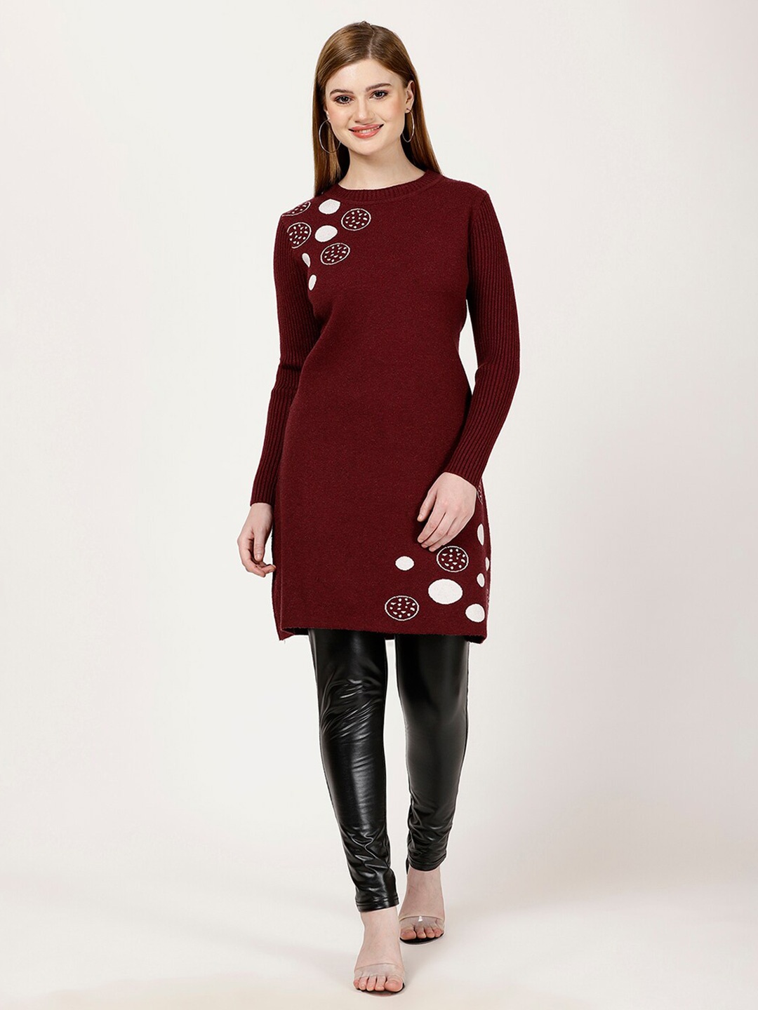 

FUTURO Geometric Printed Round Neck Longline Pullover Sweater, Maroon