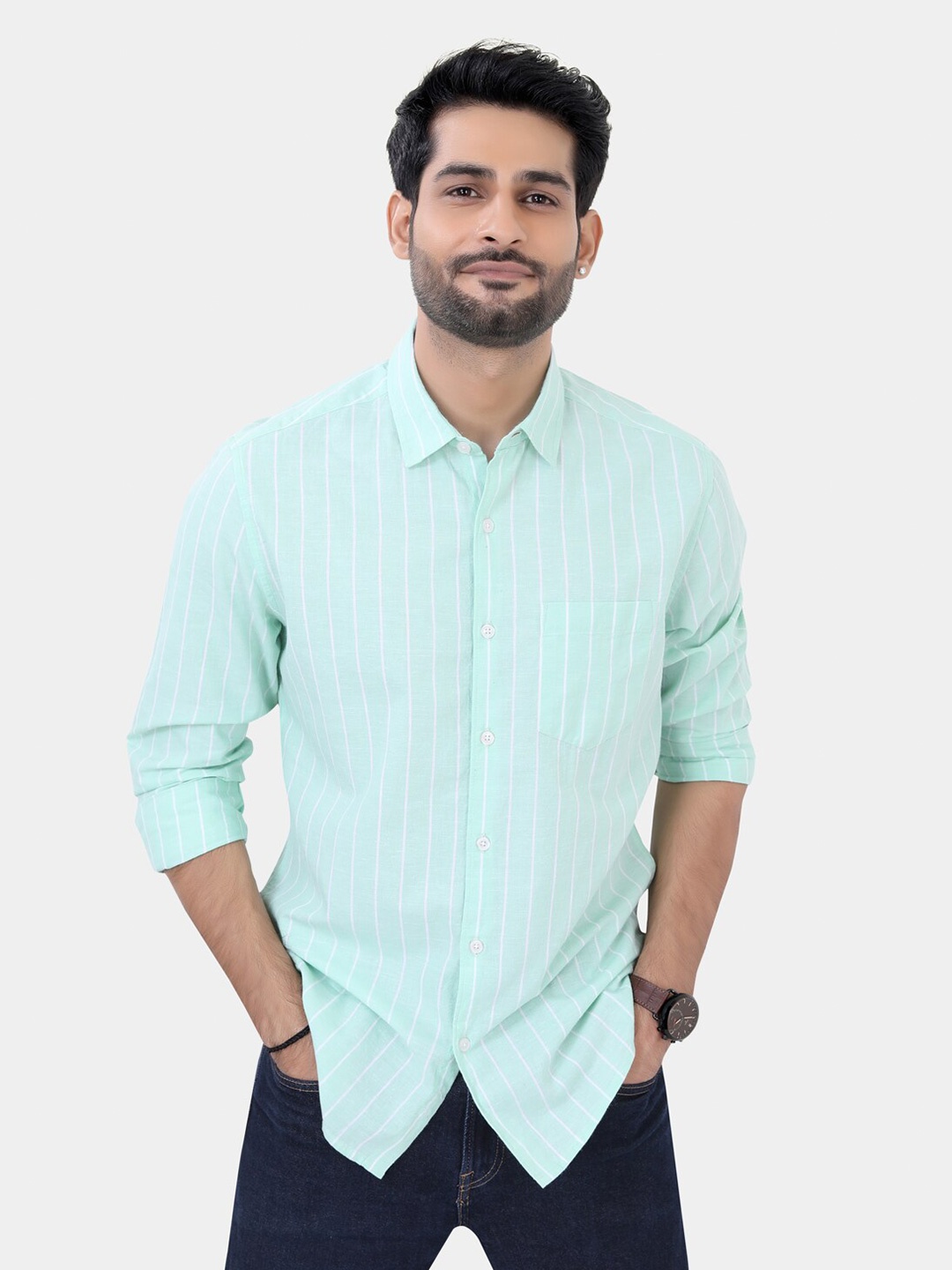 

VASTRADO Classic Slim Fit Vertical Striped Cotton Casual Shirt, Green