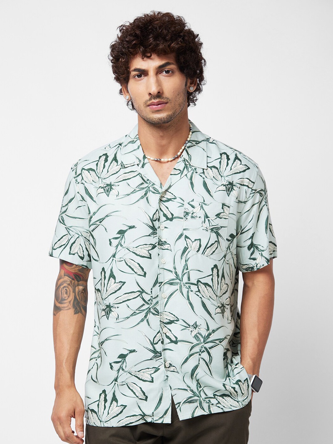 

VASTRADO Classic Oversized Floral Printed Casual Shirt, Olive