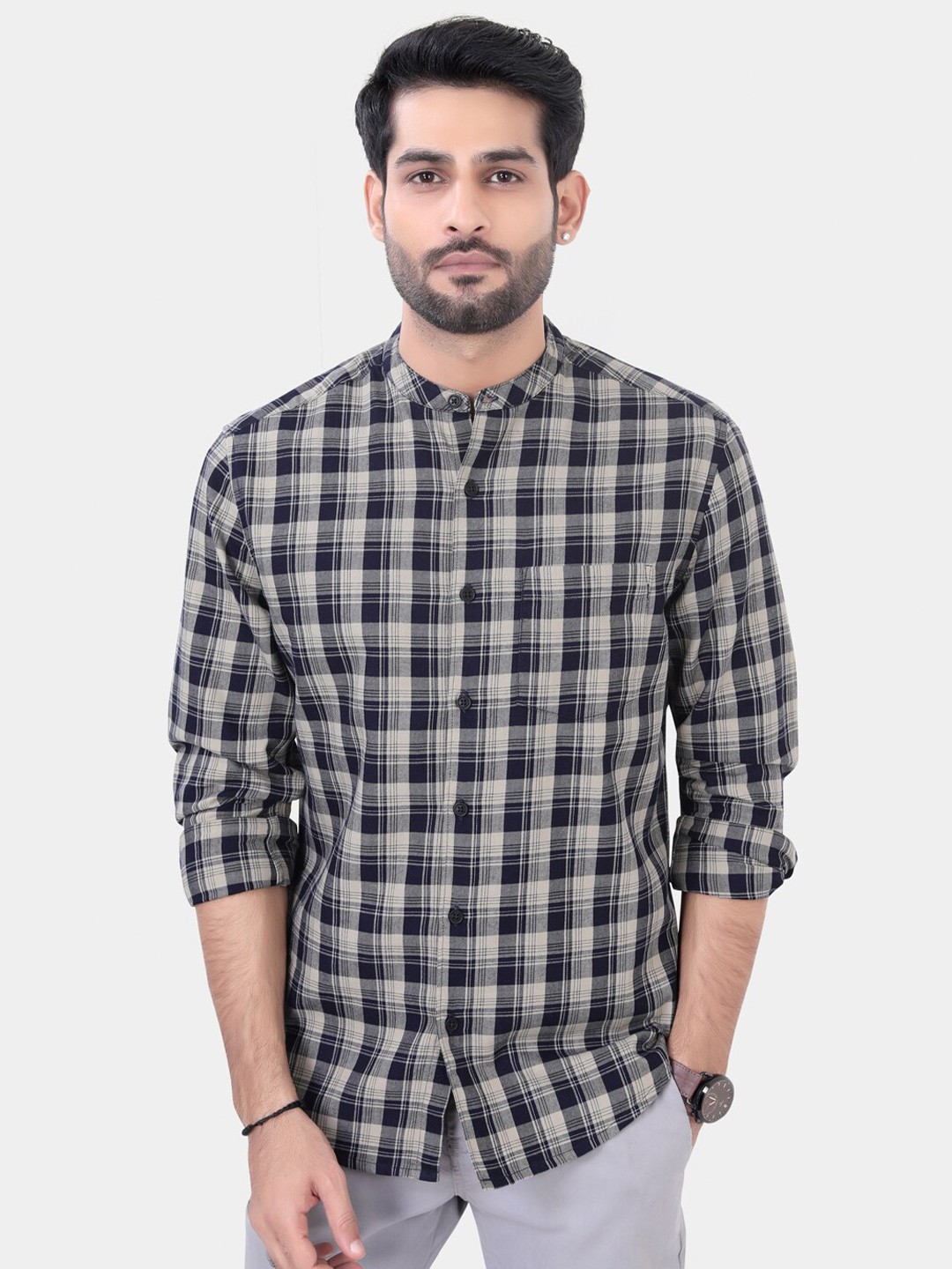 

VASTRADO Classic Slim Fit Tartan Checked Cotton Casual Shirt, Black