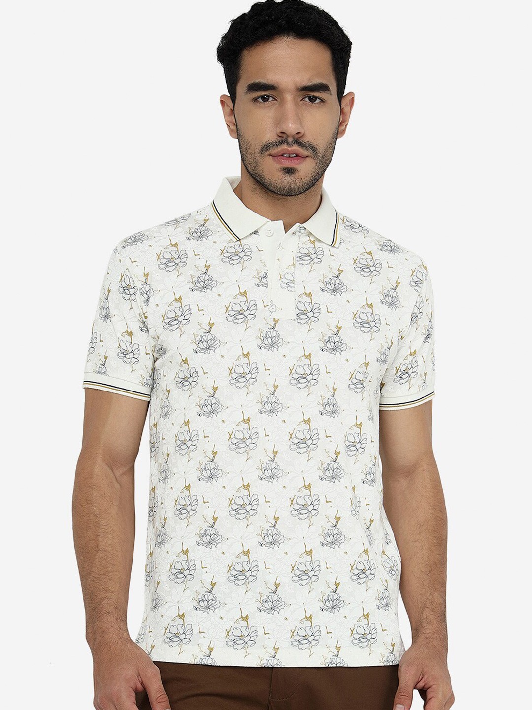 

Greenfibre Floral Printed Polo Collar Cotton Slim Fit T-Shirt, White