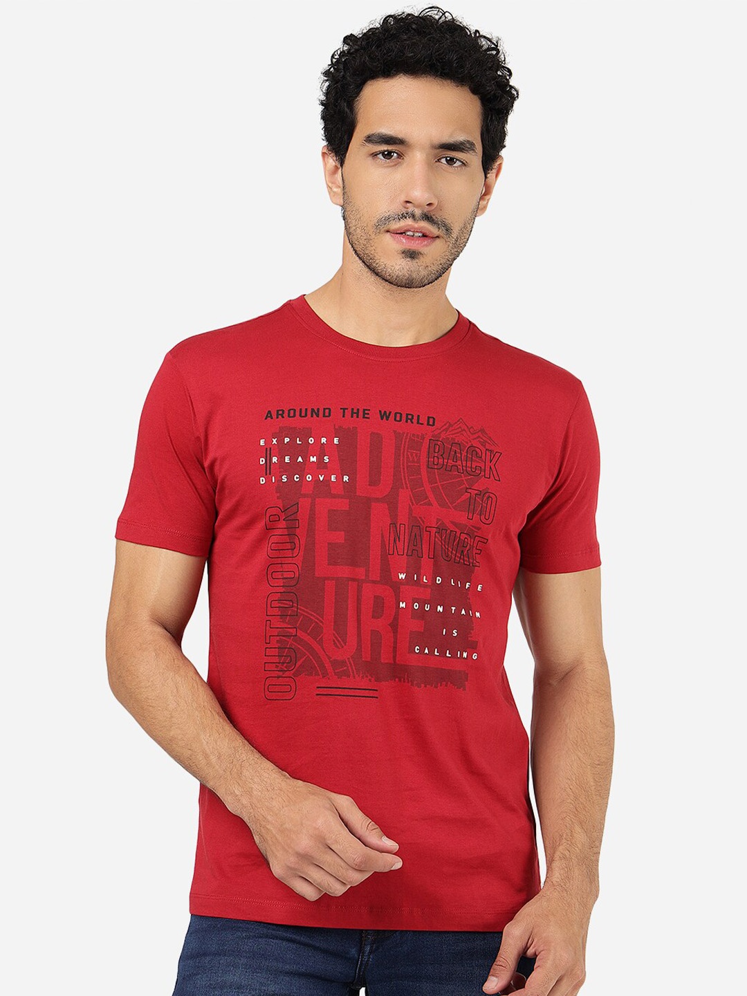

Greenfibre Typography Printed Round Neck Slim Fit T-shirt, Maroon