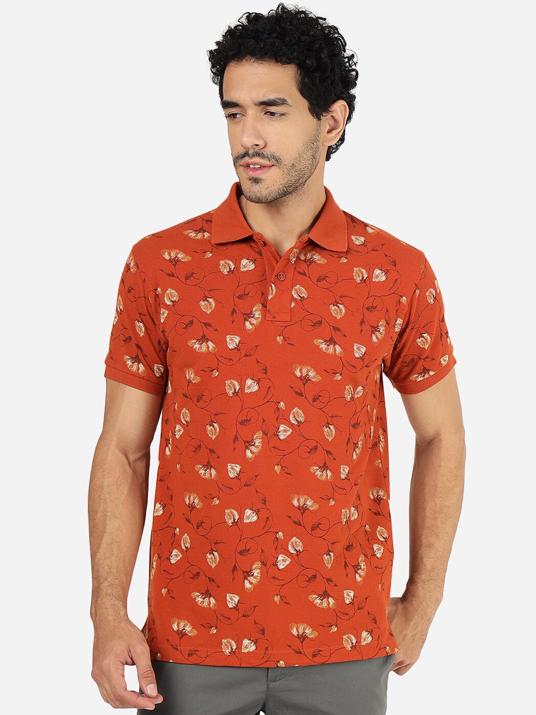 

Greenfibre Floral Printed Polo Collar Slim Fit T-shirt, Brown