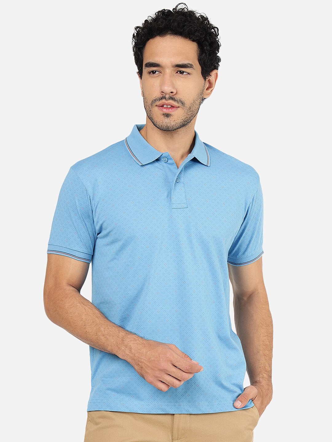 

Greenfibre Micro Ditsy Printed Slim Fit Polo Collar Cotton T-shirt, Blue