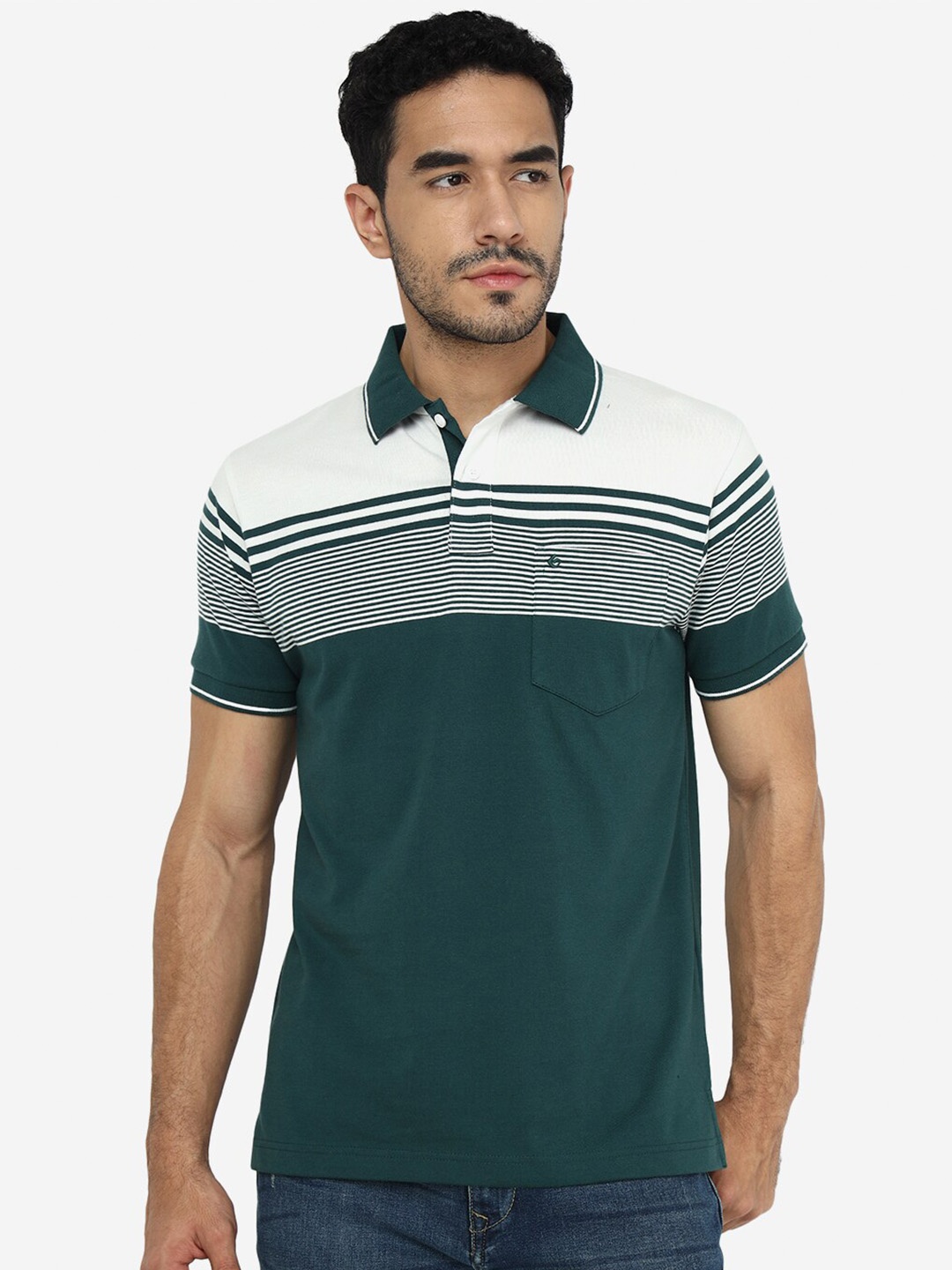 

Greenfibre Striped Polo Collar Slim Fit T-shirt, Green