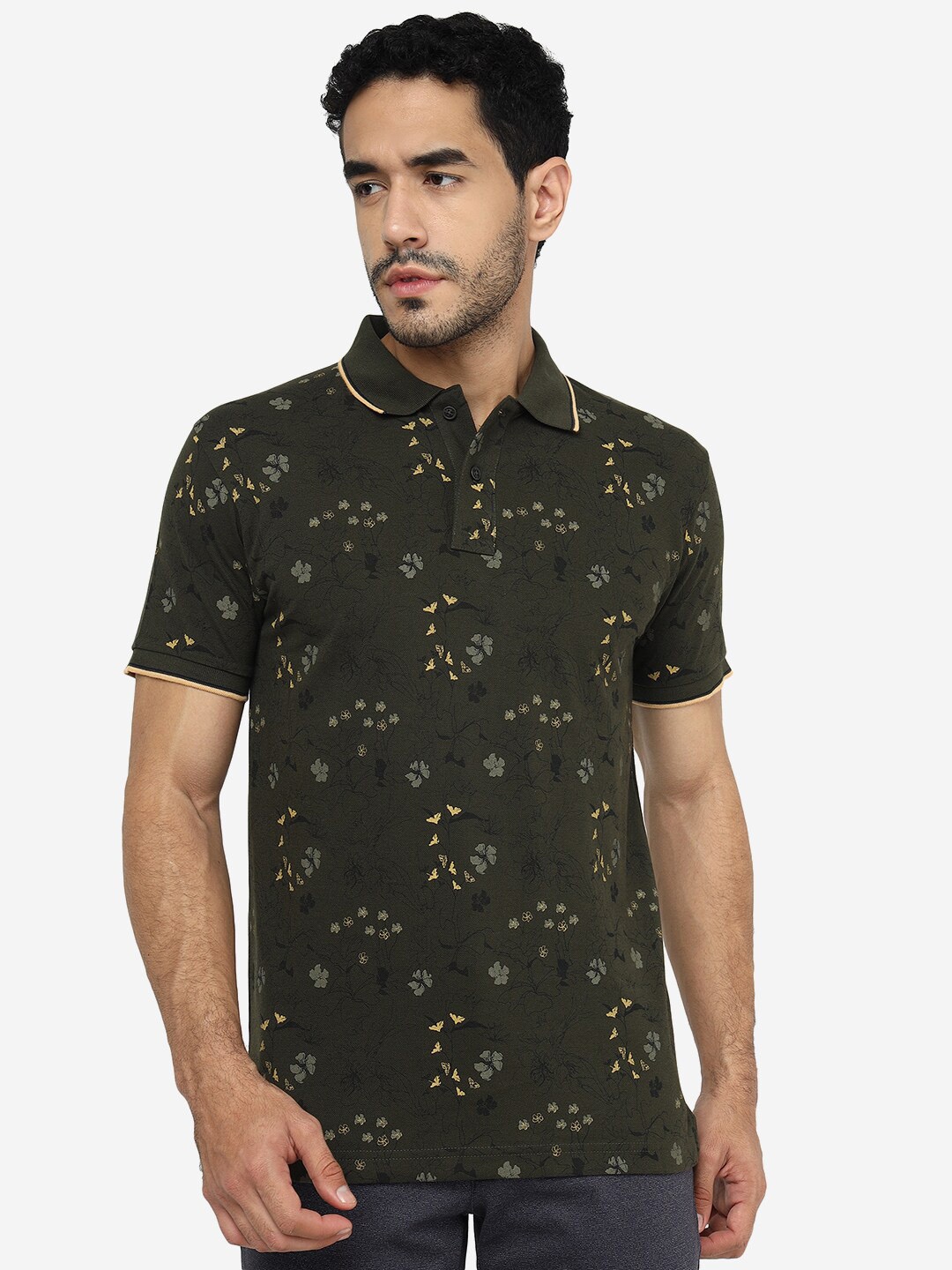

Greenfibre Floral Printed Slim Fit Polo Collar Cotton T-shirt, Olive
