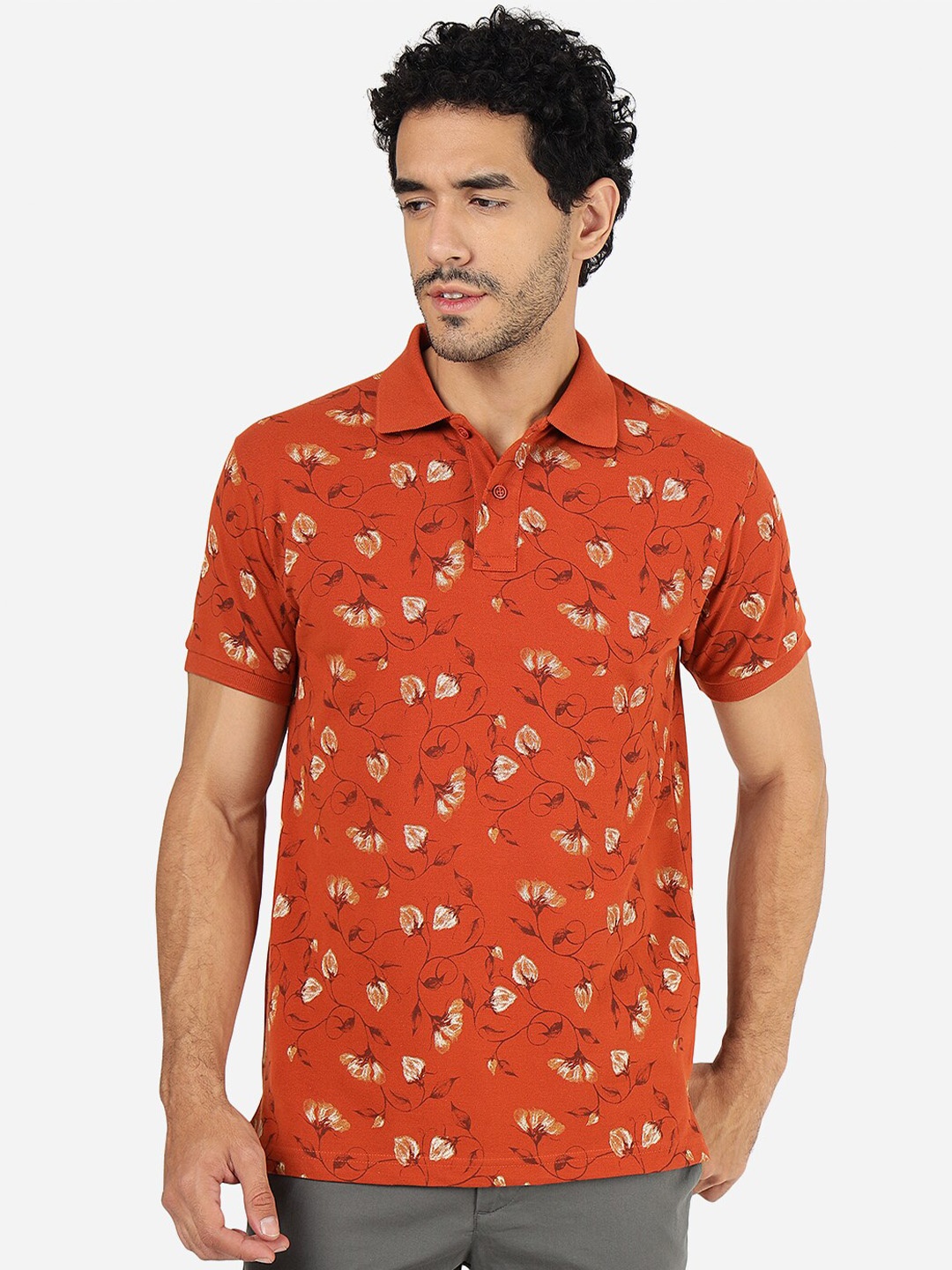 

Greenfibre Floral Printed Polo Collar Cotton Slim Fit T-Shirt, Rust