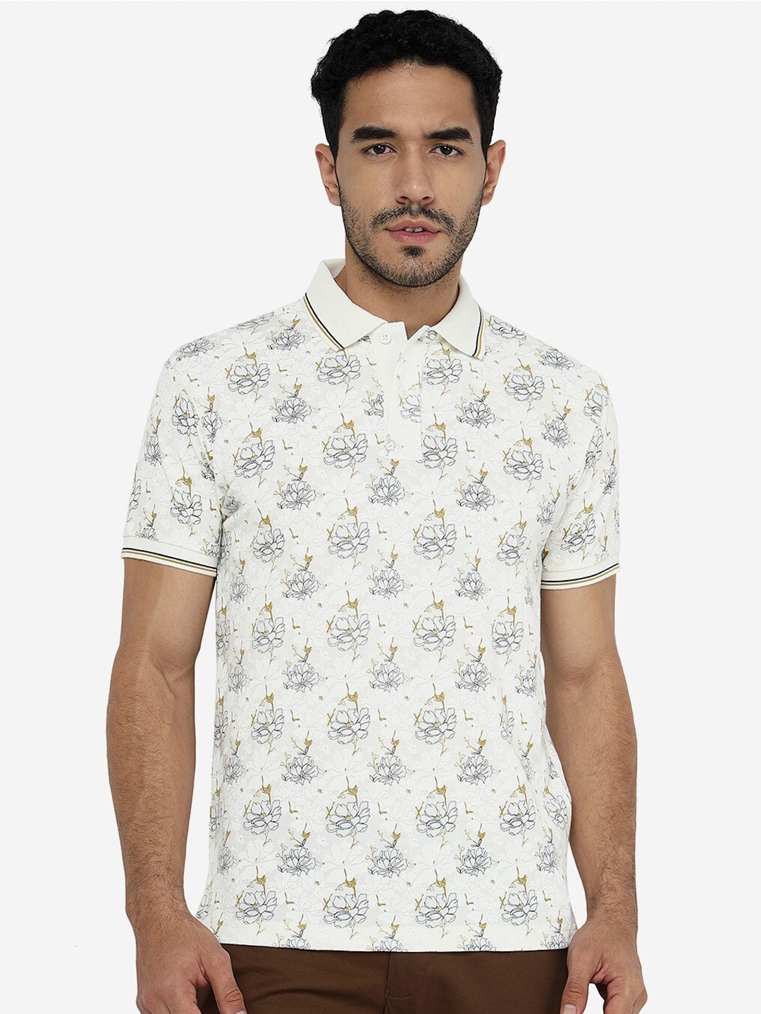 

Greenfibre Floral Printed Polo Collar Cotton Slim Fit T-Shirt, White