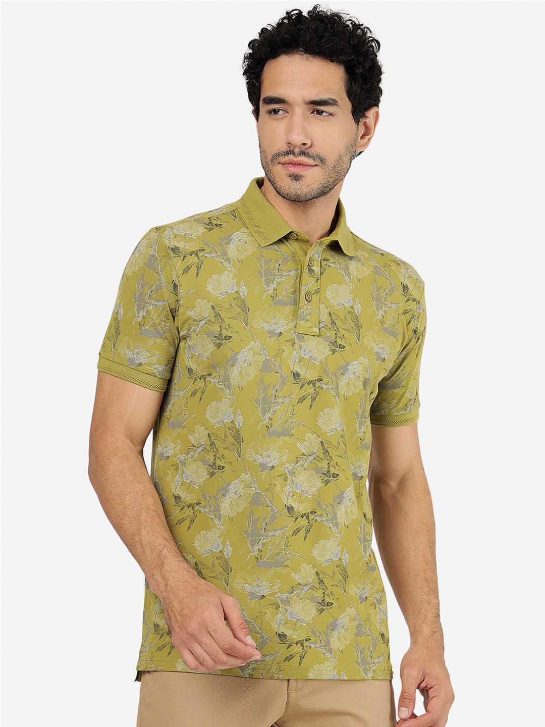 

JADE BLUE Floral Printed Polo Collar Pure Cotton Slim Fit T-shirt, Green