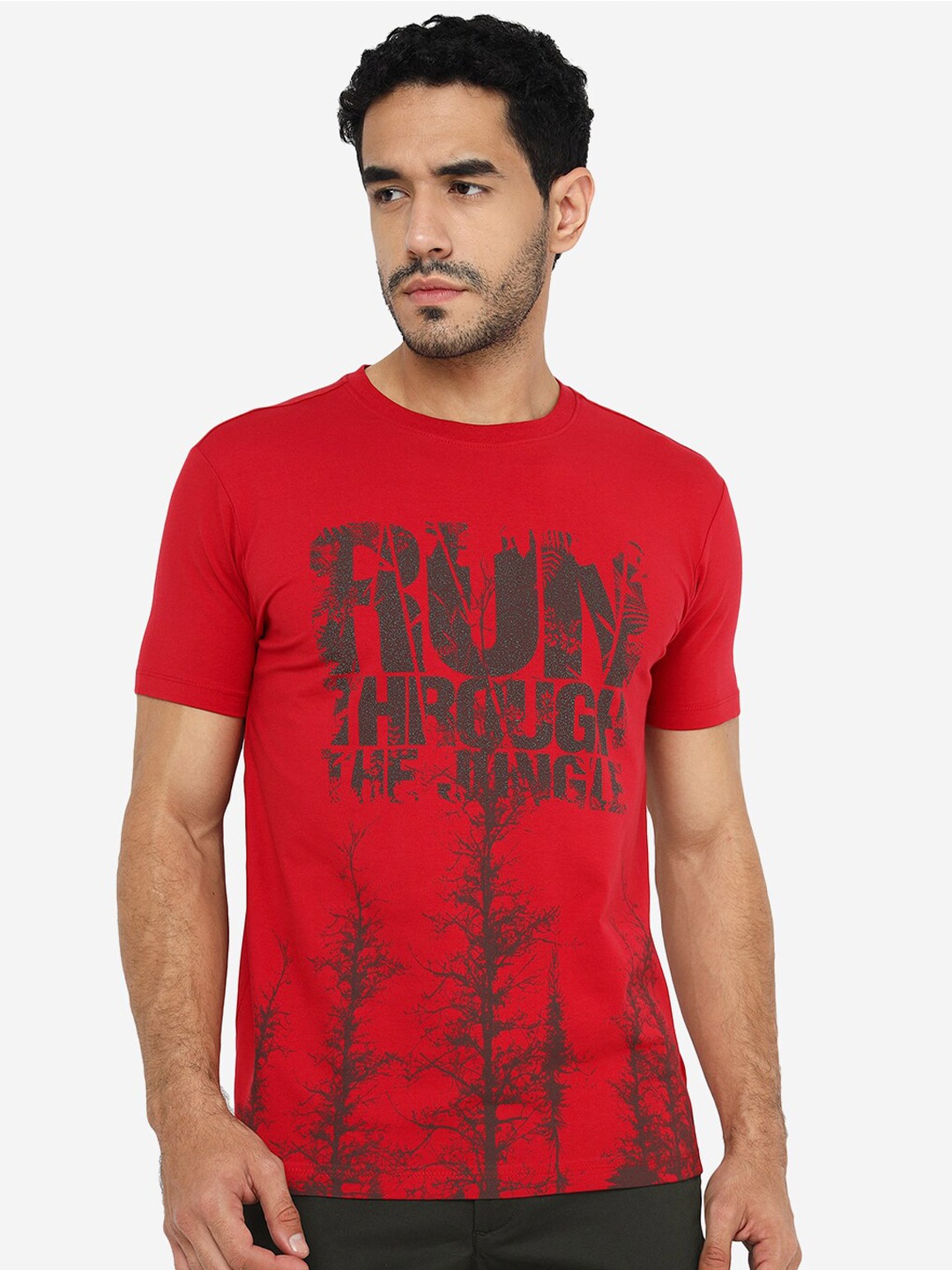 

JADE BLUE Typography Printed Pure Cotton Slim Fit T-shirt, Red