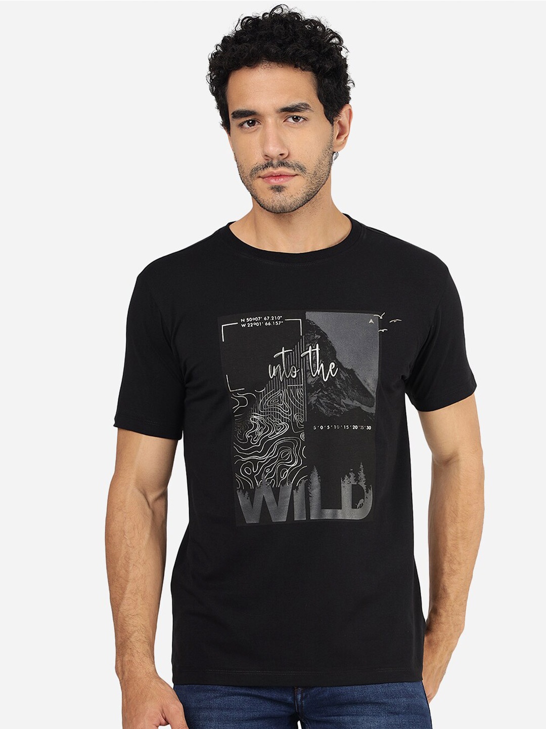 

JADE BLUE Graphic Printed Slim Fit Pure Cotton T-shirt, Black