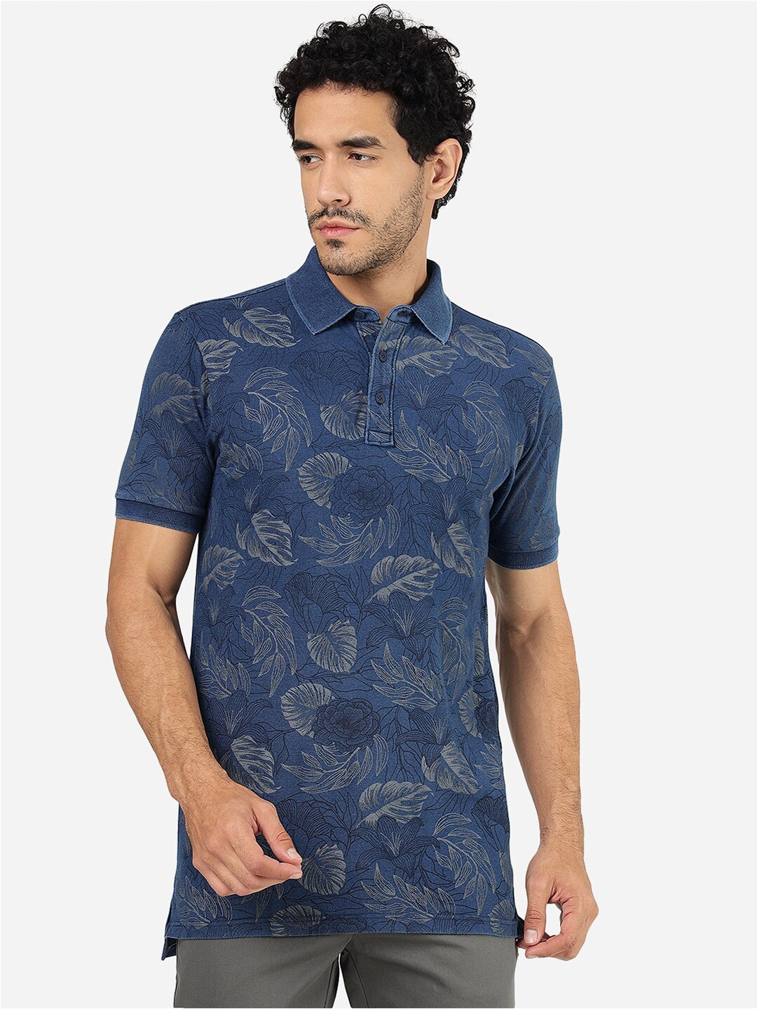 

JADE BLUE Floral Printed Polo Collar Slim Fit Pure Cotton T-shirt