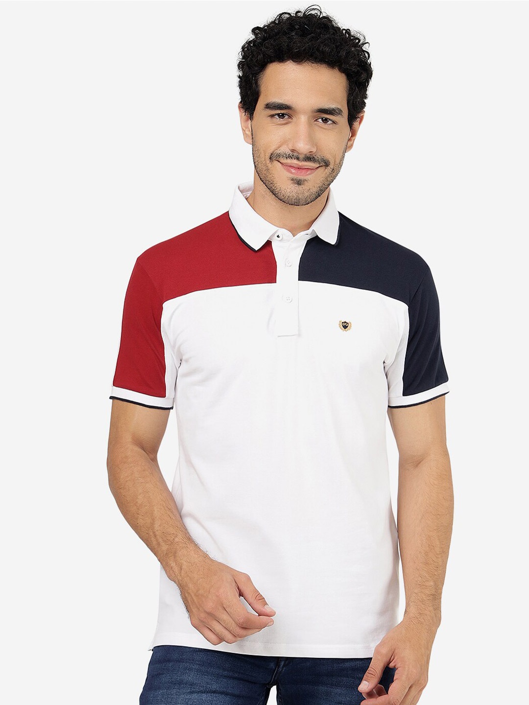

JADE BLUE Colourblocked Polo Collar Pure Cotton Slim Fit T-shirt, White
