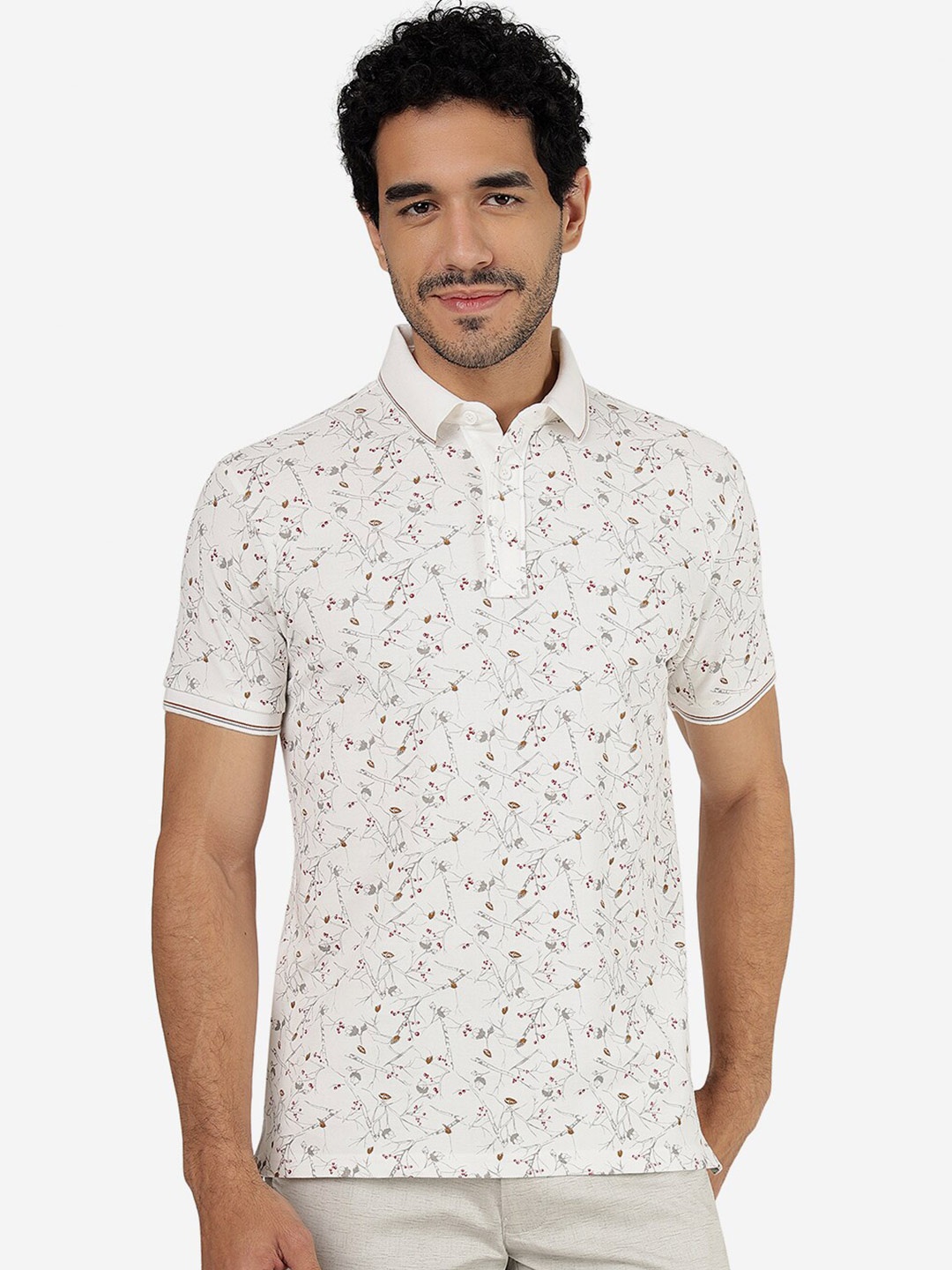 

JADE BLUE Floral Printed Polo Collar Slim Fit Pure Cotton T-shirt, White