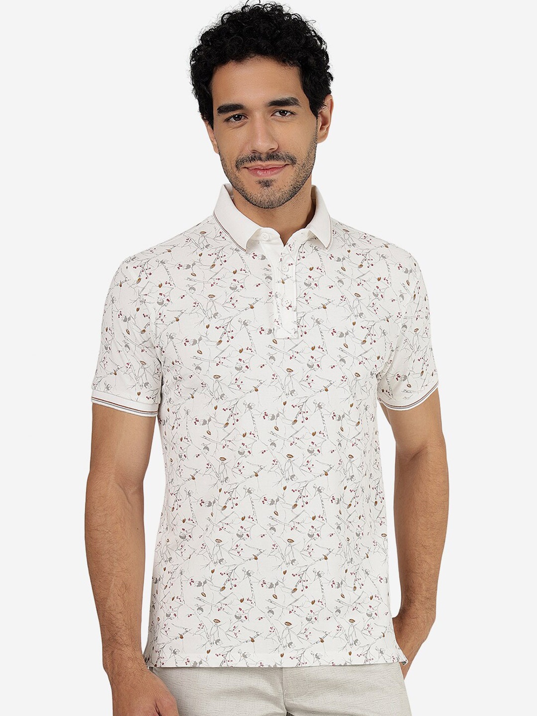 

JADE BLUE Floral Printed Polo Collar Pure Cotton Slim Fit T-shirt, White