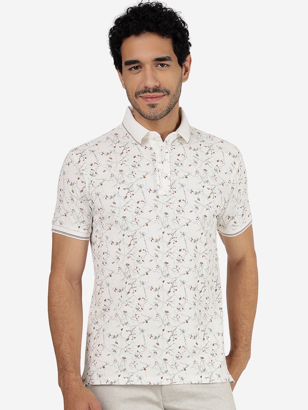 

JADE BLUE Floral Printed Polo Collar Slim Fit Pure Cotton T-shirt, White