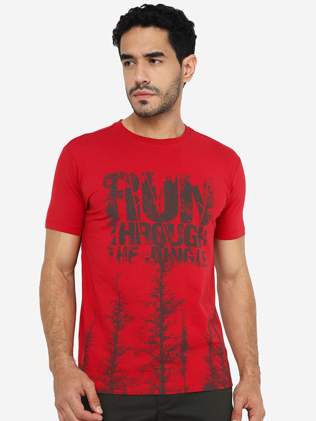 

JADE BLUE Typography Printed Pure Cotton Slim Fit T-shirt, Red