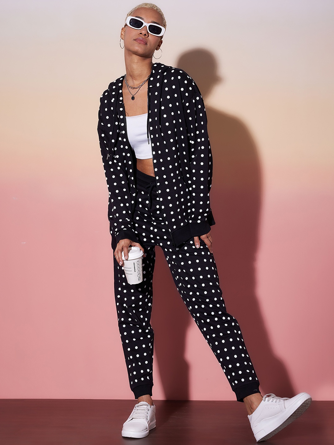 

SASSAFRAS alt-laze Polka Dots Printed Pure Cotton Hoodie With Jogger, Black