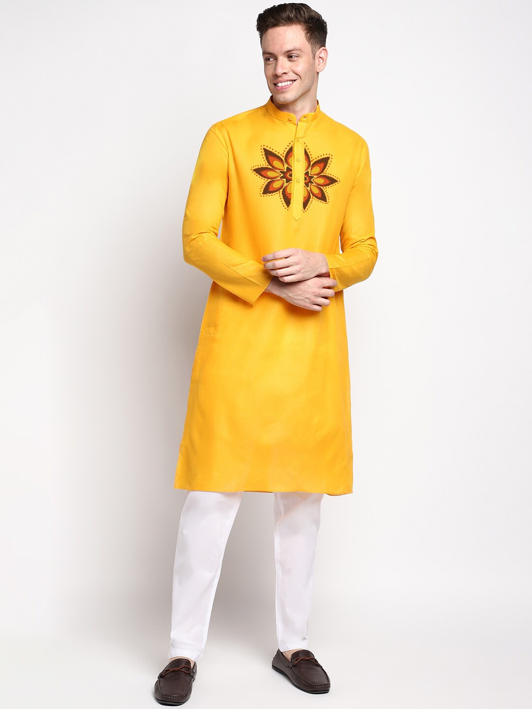 

DEVOILER Ethnic Motifs Printed Mandarin Collar Long Sleeves Straight Kurta, Yellow
