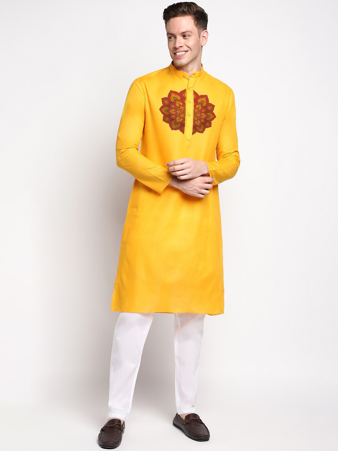

DEVOILER Ethnic Motifs Printed Band Collar Straight Kurta, Yellow