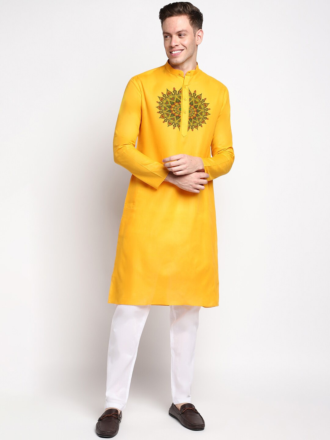 

DEVOILER Ethnic Motifs Block Printed Band Collar Cotton Straight Kurta, Yellow