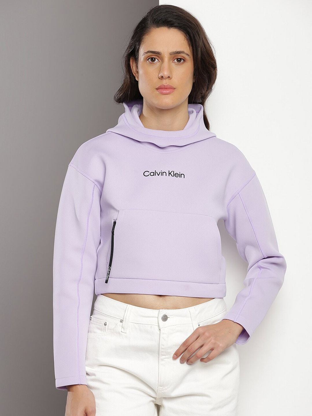 

Calvin Klein Typography Printed Hooded Crop Pullover, Purple
