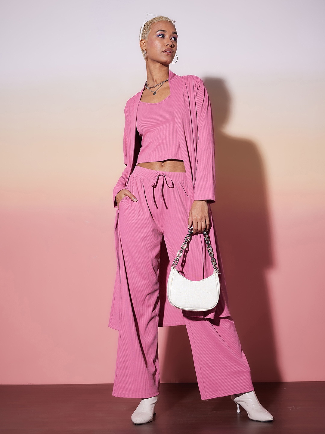 

SASSAFRAS alt-laze Round Neck Top & Trousers With Shrug, Pink