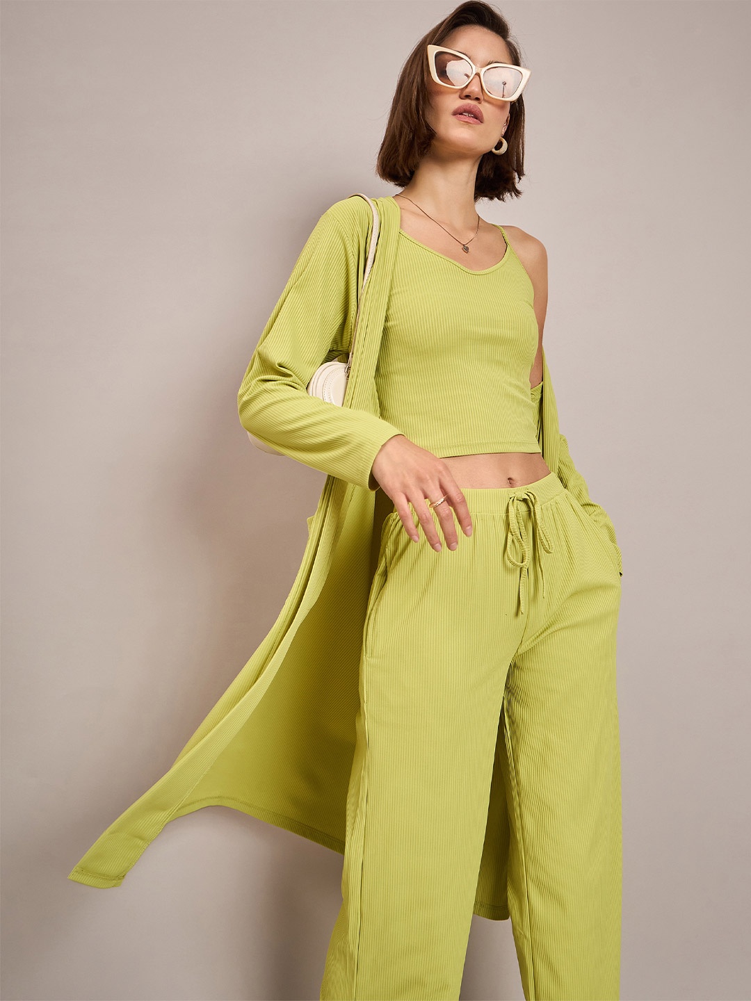 

SASSAFRAS alt-laze Round Neck Top & Trousers With Shrug, Green