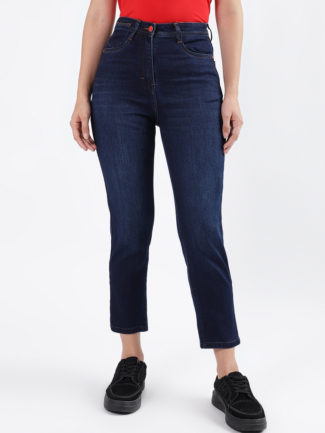 Iconic Women Straight Fit Mid-Rise Light Fade Stretchable Jeans, Blue