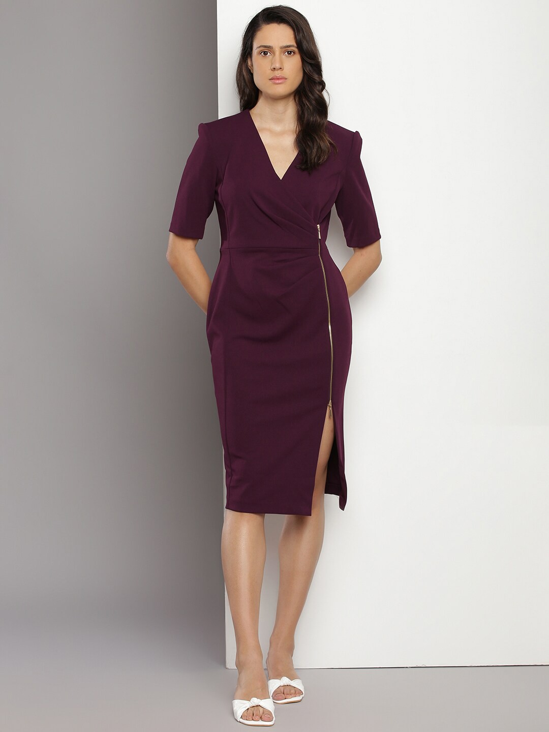 

Calvin Klein V-Neck Gathered Sheath Dress, Purple