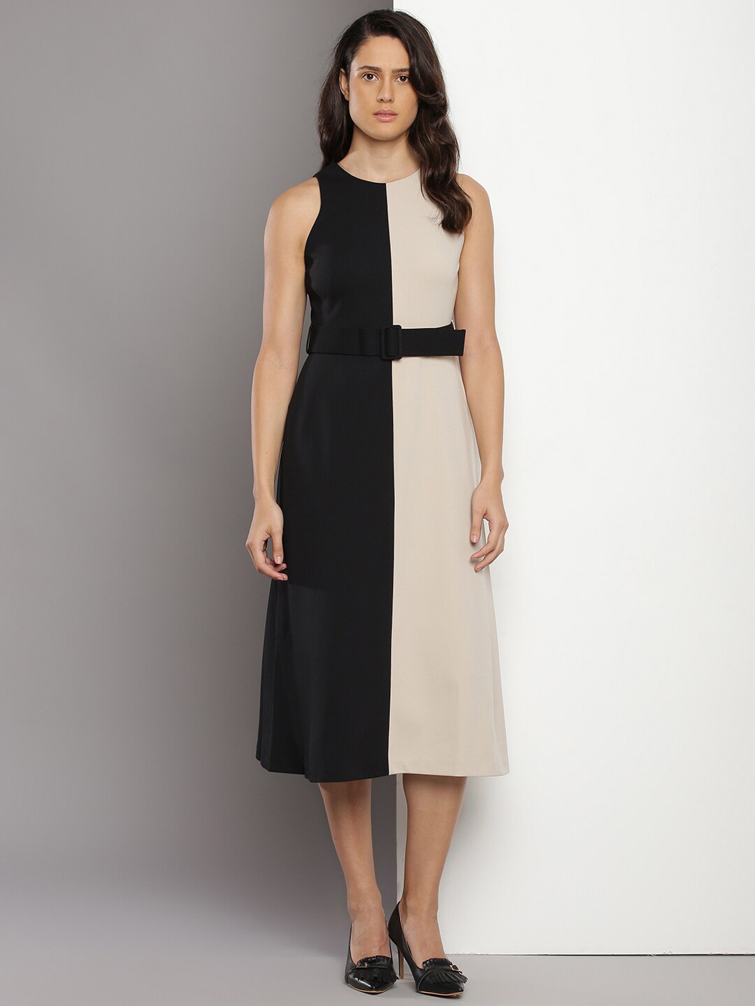 

Calvin Klein Colourblocked Fit & Flare Midi Dress, Beige