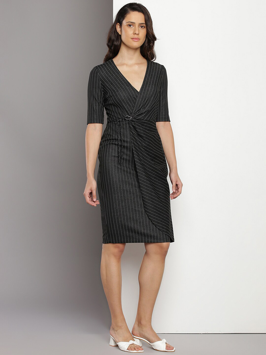 

Calvin Klein Striped V-Neck Gathered Wrap Dress, Black
