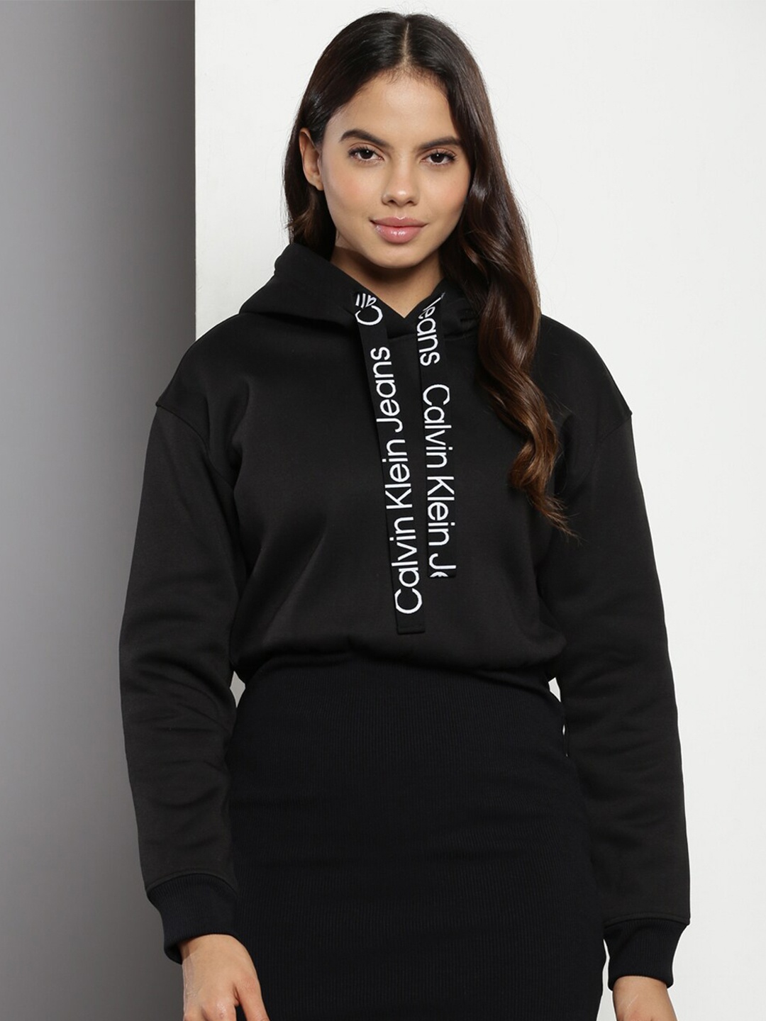 

Calvin Klein Typography Printed Hooded Gathered Sheath Mini Dress, Black