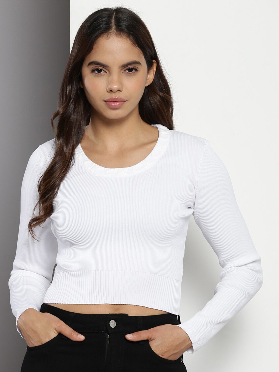 

Calvin Klein Round Neck Long Sleeves Crop Pullover Sweater, White