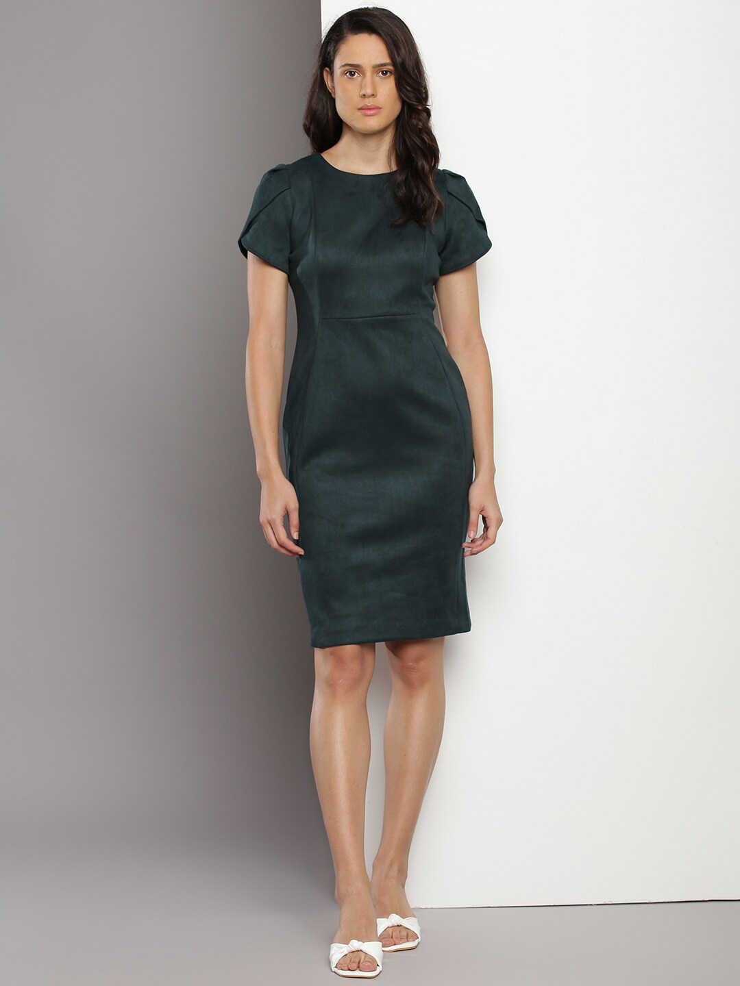 

Calvin Klein Round Neck Tulip Sleeves A-Line Dress, Green