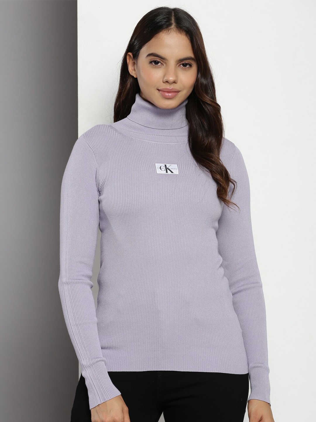 

Calvin Klein Brand Logo Embroidered Applique Turtle Neck Pullover Sweater, Purple
