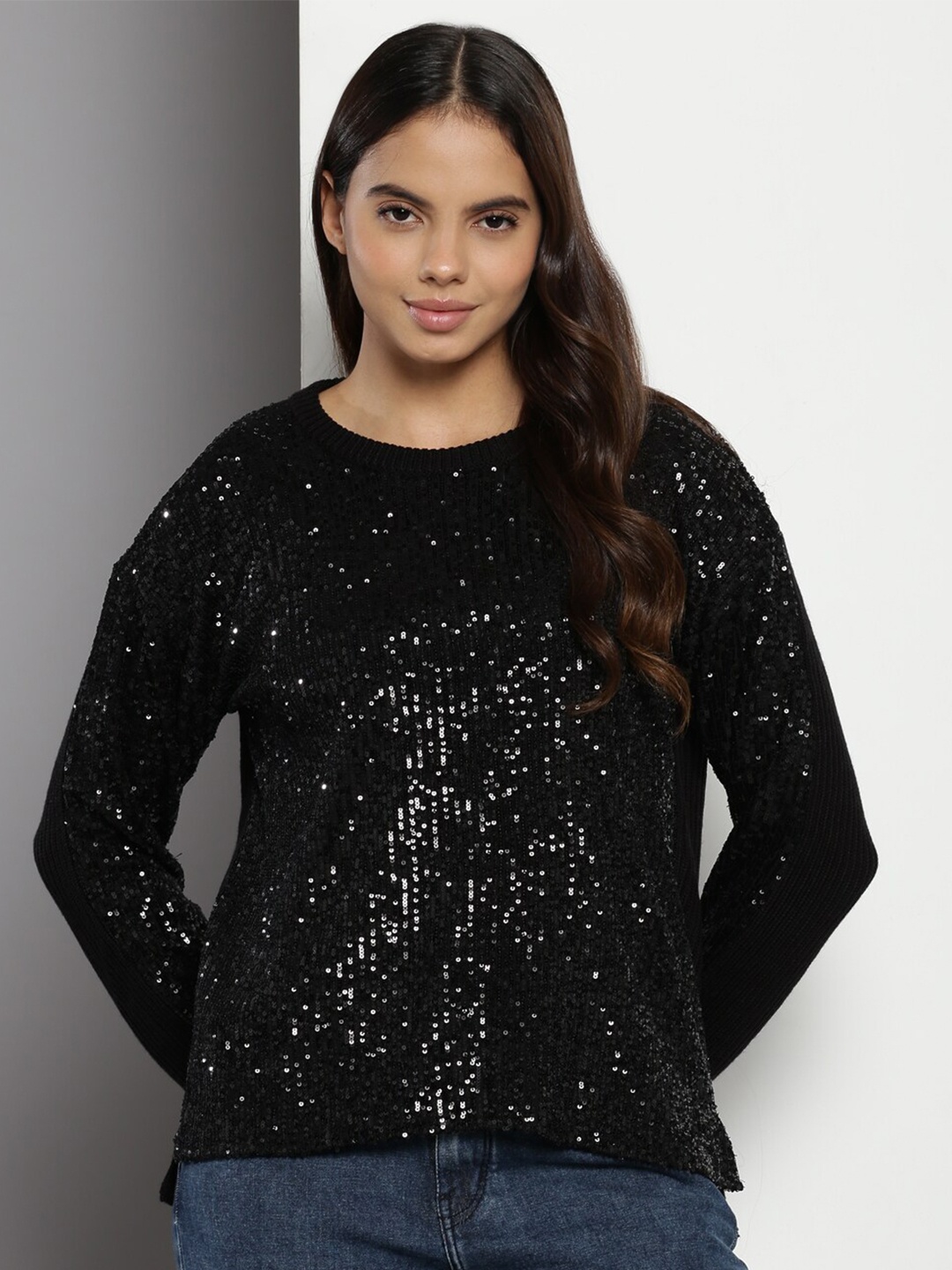

Calvin Klein Embellished Round Neck Long Sleeves Sequined Pullover Sweater, Black