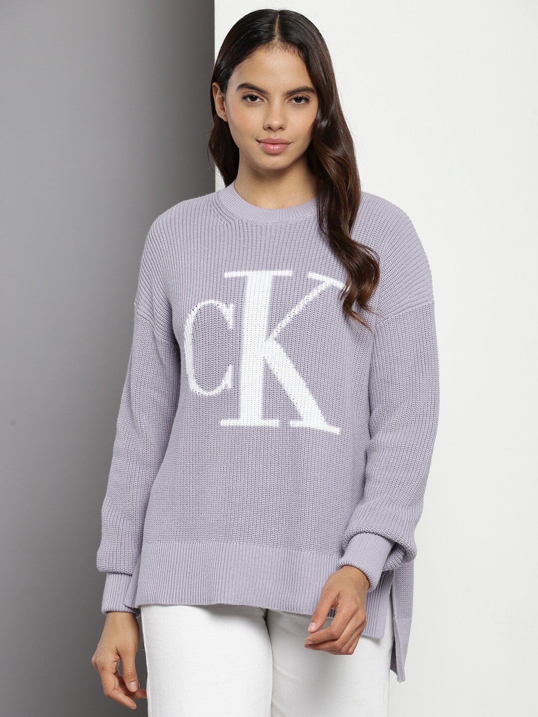 

Calvin Klein Brand Logo Embroidered Pure Cotton Pullover Sweater, Purple