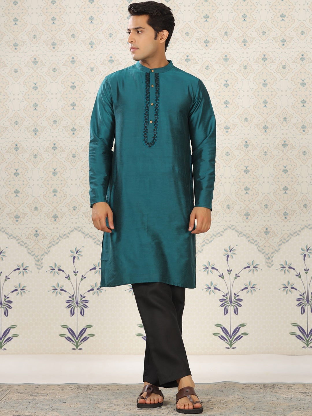 

Ode by House of Pataudi Ethnic Motifs Embroidered Band Collar Kurta, Teal