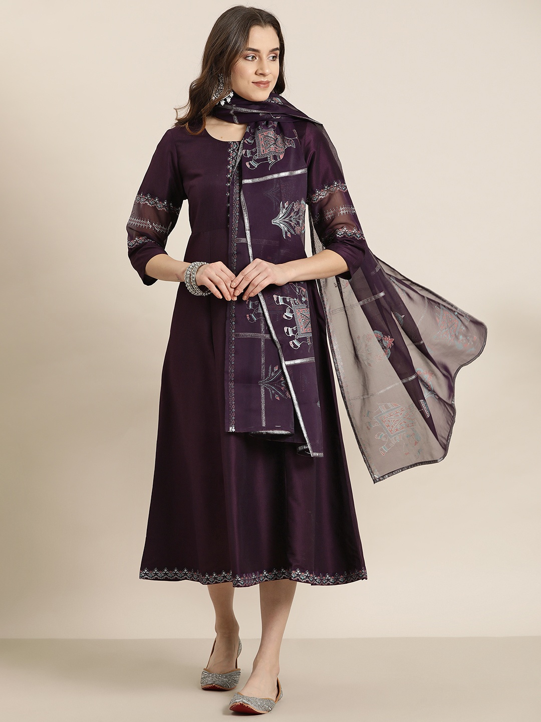 

HERE&NOW Ethnic Motifs Print A-Line Midi Dress with Dupatta, Purple