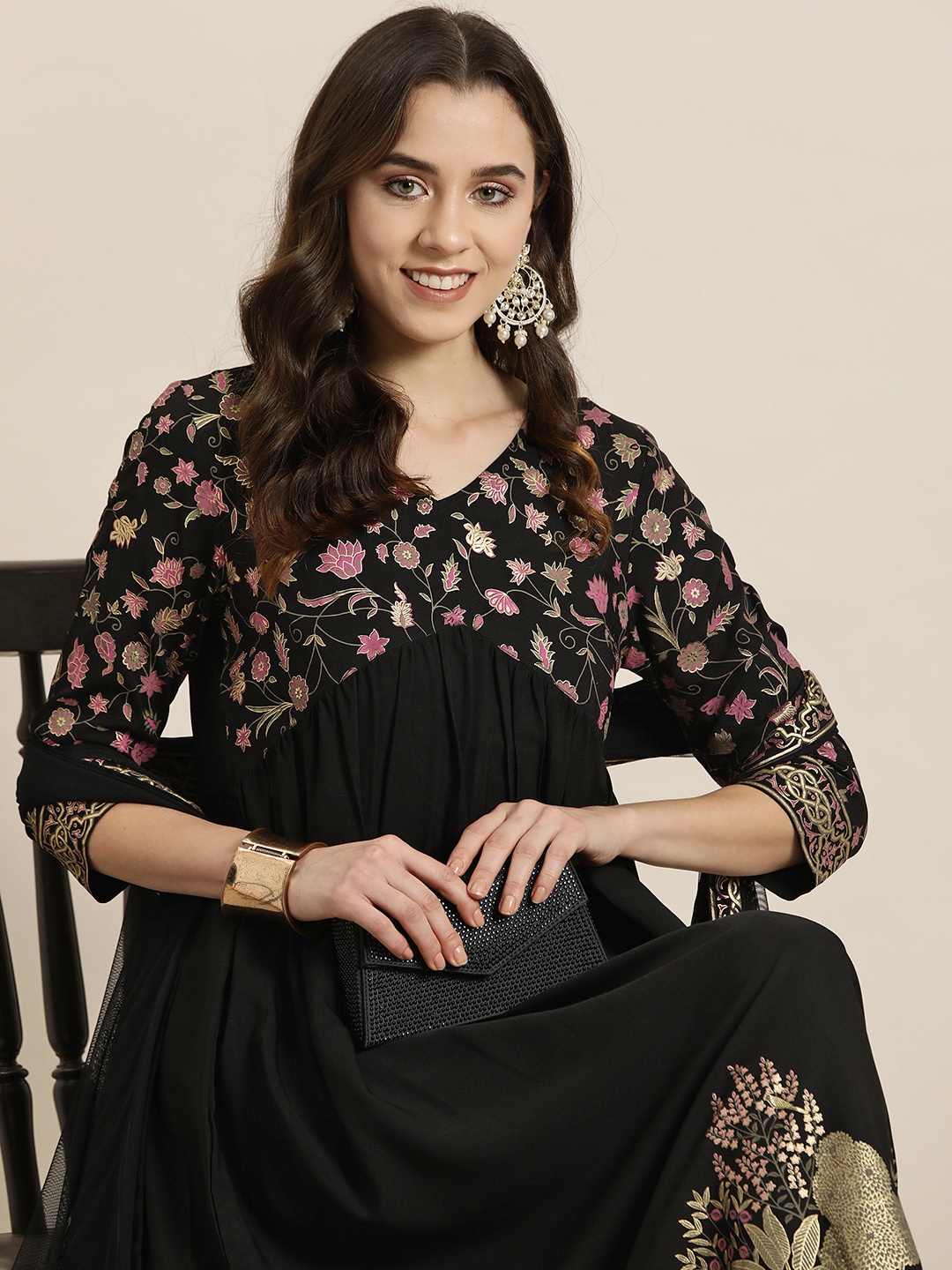 

HERE&NOW Floral Print Crepe A-Line Midi Dress, Black