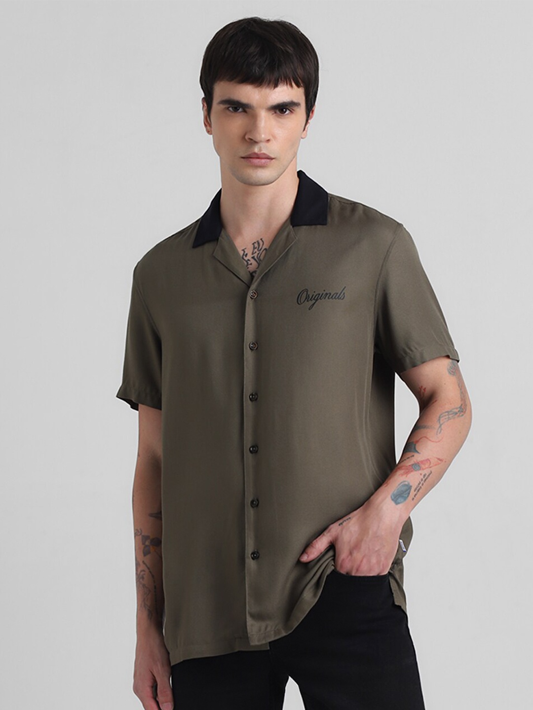 

Jack & Jones Typography Printed Lapel Collar Casual Shirt, Olive
