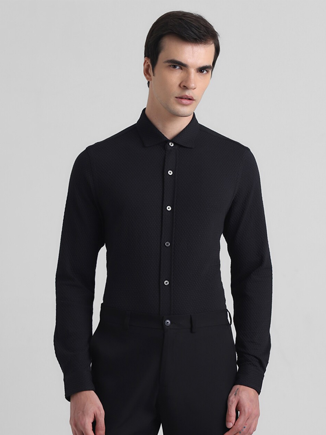 

Jack & Jones Slim Fit Self Design Spread Collar Casual Shirt, Black