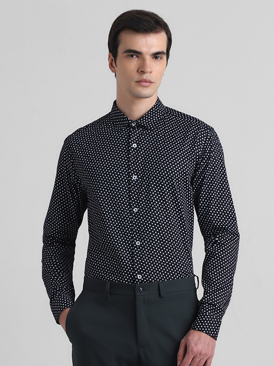 

Jack & Jones Slim Fit Micro Ditsy Printed Spread Collar Long Sleeves Cotton Casual Shirt, Black